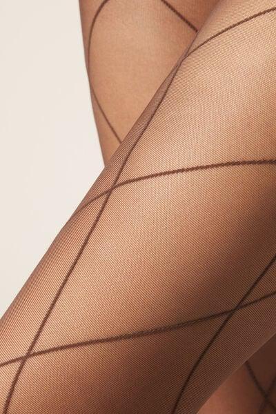 30 Denier Sheer Diamond Patterned Tights, Brown, Dark Brown, large image number 2