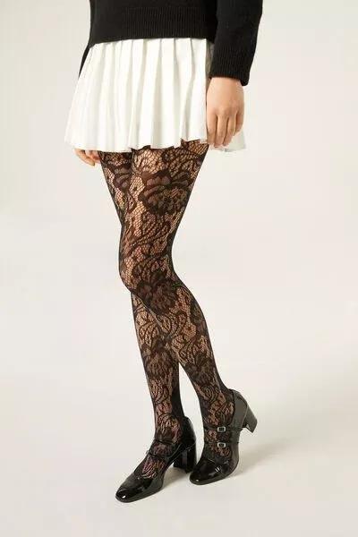 Black Floral Fishnet Tights, Black Fishnet Flowers, large image number 1