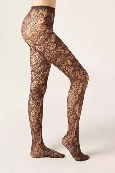 Floral Fishnet Tights, Brown, 5501_5532, large image number 0