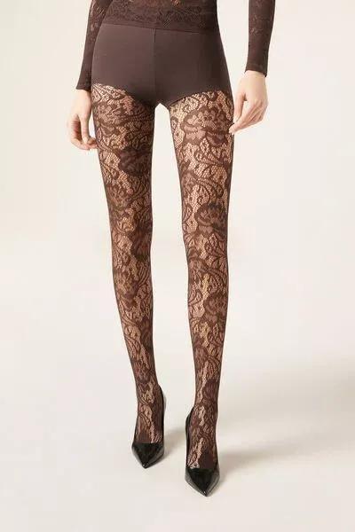 Floral Fishnet Tights, Brown, 5501_5532, large image number 1