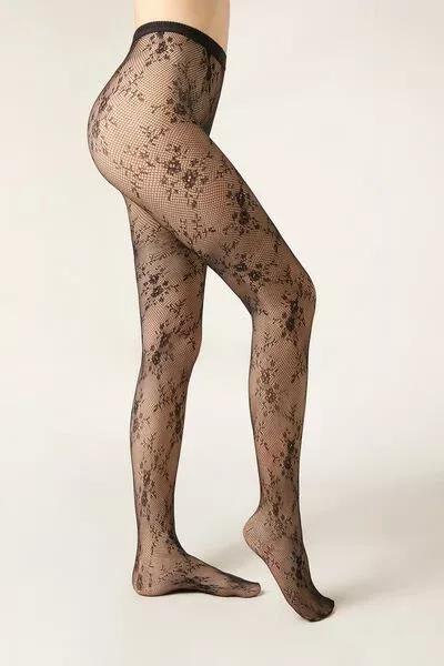 Floral Lace Tights, Black, 5501_5534, large image number 0