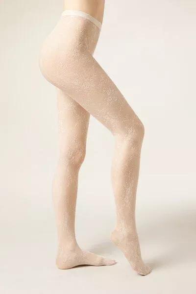 Floral Lace Tights, White, 5501_5535, large image number 0