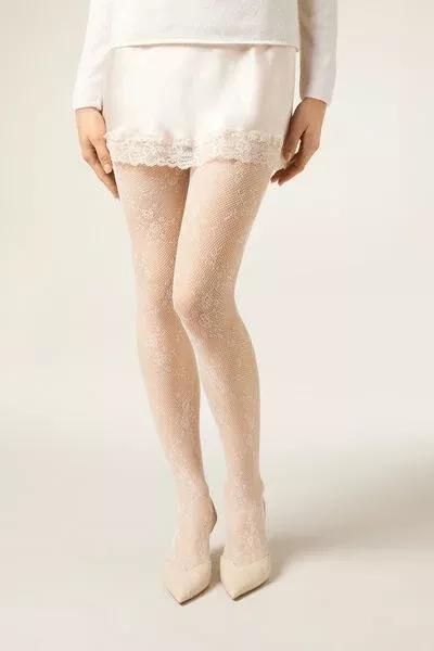 Floral Lace Tights, White, 5501_5535, large image number 1