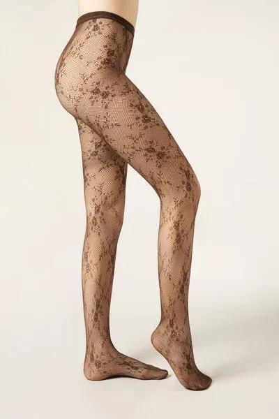 Floral Lace Tights, Brown, 5501_5536, large image number 0