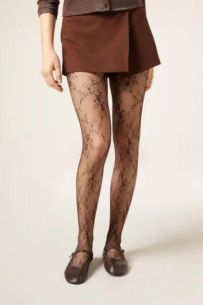 Floral Lace Tights, Brown, 5501_5536, large image number 2