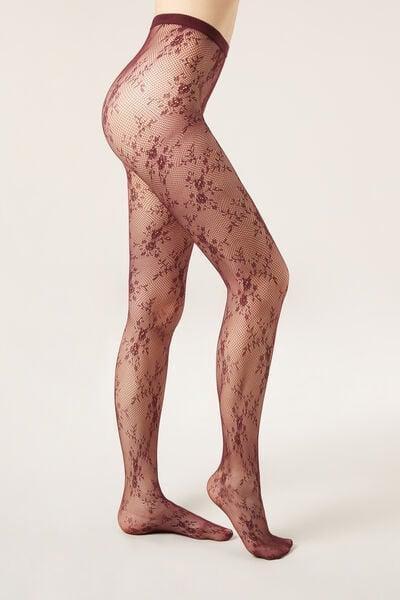 Floral Lace Tights, Burgundy, 5501_5564, large image number 0