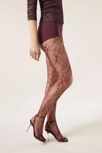 Floral Lace Tights, Burgundy, 5501_5564, large image number 1