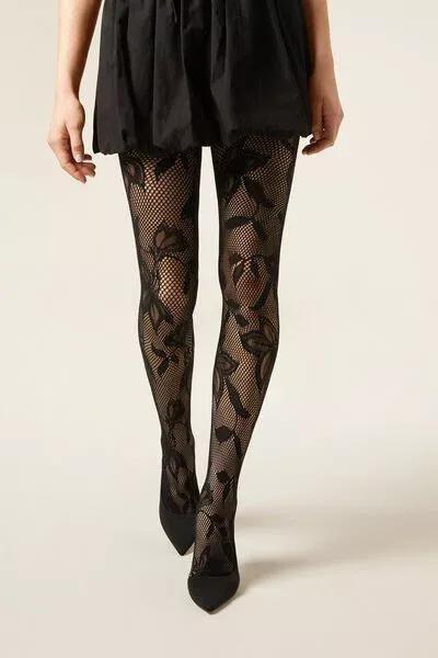 Black Macro Floral Lace Tights, 5501_5563, large image number 1