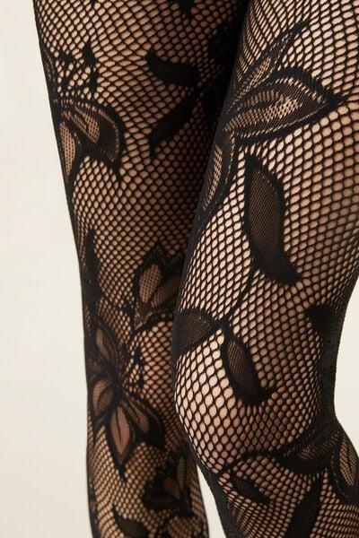 Black Macro Floral Lace Tights, 5501_5563, large image number 2