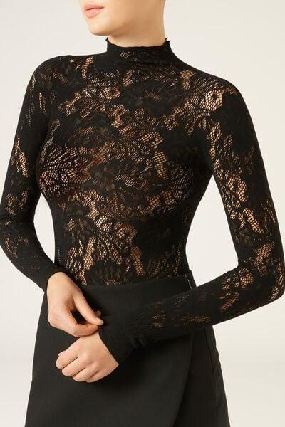 Black Floral Lace Top, Black, medium