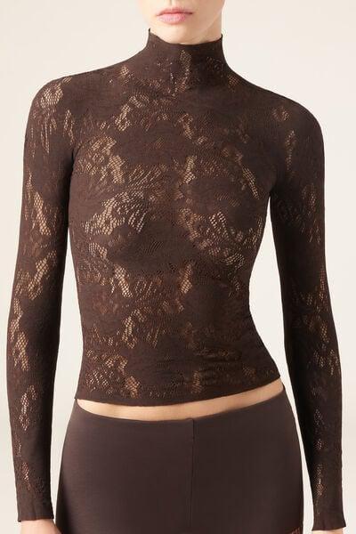 Brown Floral Lace Cotton Top, 5501_228, large image number 0