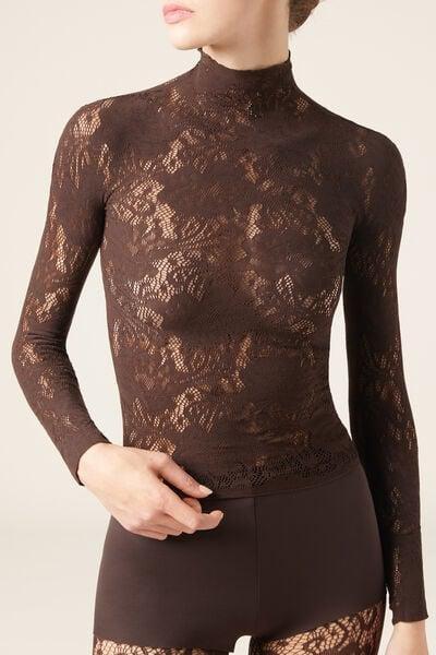 Brown Floral Lace Cotton Top, 5501_228, large image number 1