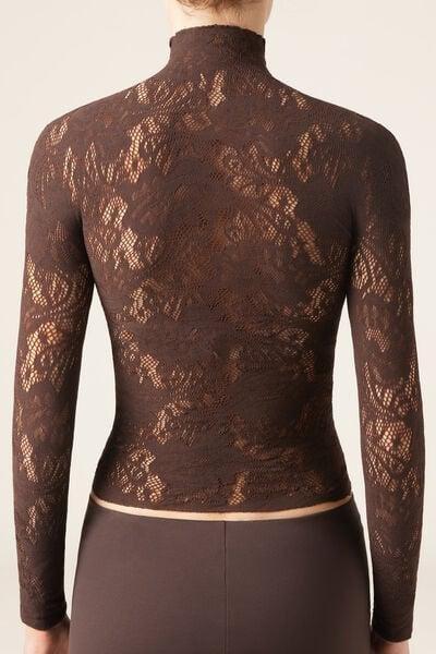 Brown Floral Lace Cotton Top, 5501_228, large image number 2