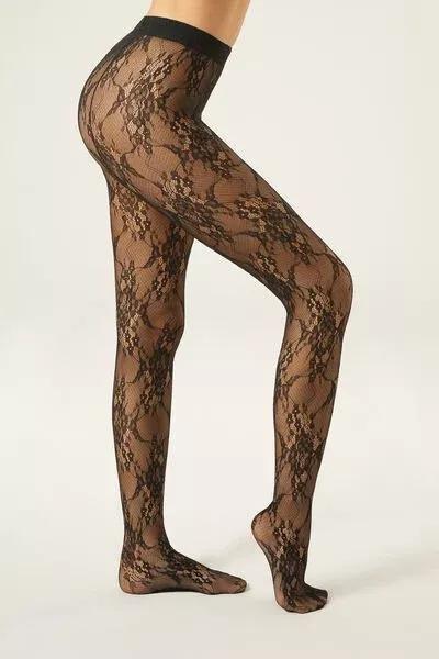Black Floral Lace Tights, 5501_005F, large image number 0