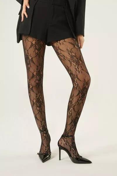 Black Floral Lace Tights, 5501_005F, large image number 1