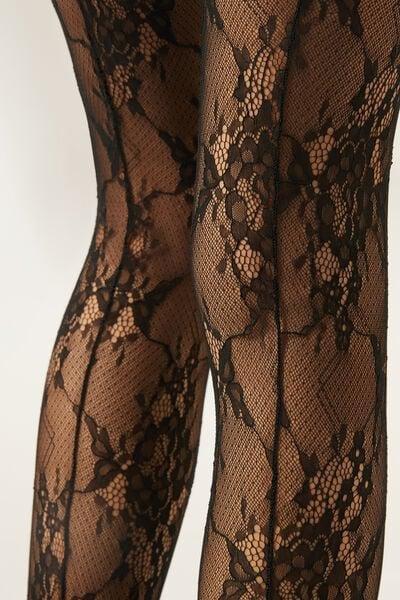Black Floral Lace Tights, 5501_005F, large image number 2