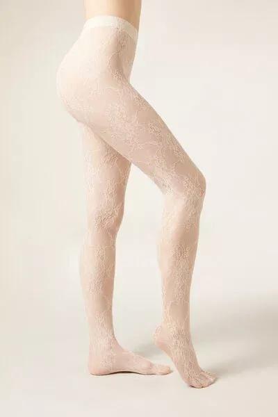 Floral Pattern Lace Tights, Beige, 5501_165F, large image number 0