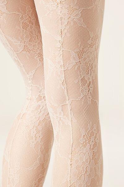 Floral Pattern Lace Tights, Beige, 5501_165F, large image number 2