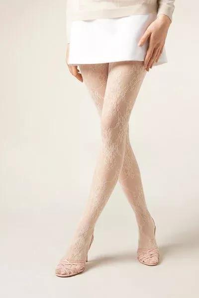 Floral Pattern Lace Tights, Beige, 5501_165F, large image number 2