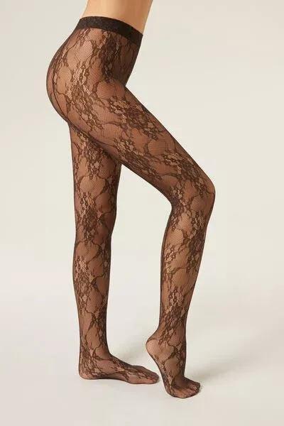 Brown Floral Lace Tights, 5501_171F, large image number 0
