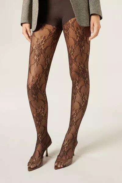 Brown Floral Lace Tights, 5501_171F, large image number 1