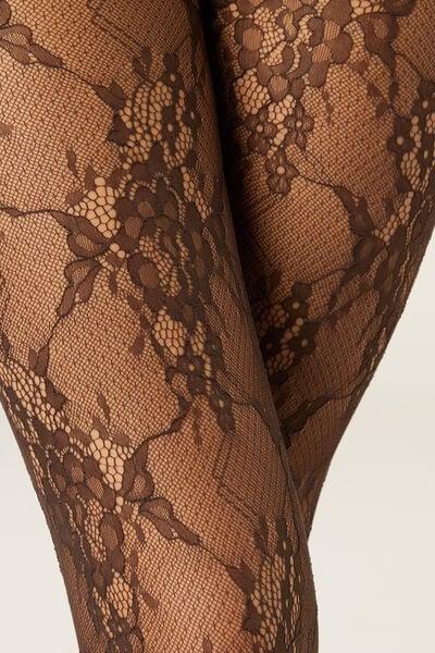 Brown Floral Lace Tights, 5501_171F, large image number 2
