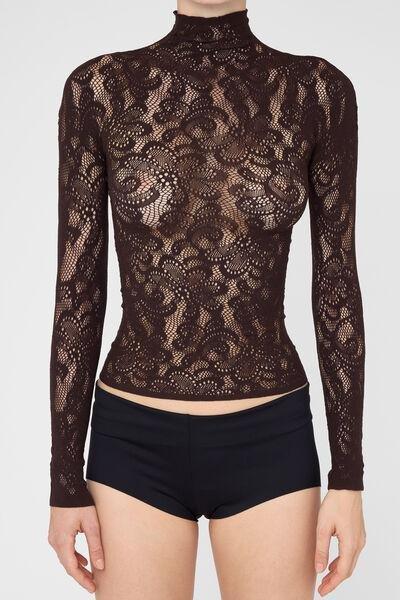 Brown Pop Floral Fishnet High-Neck Top, 5501_5498, large image number 0