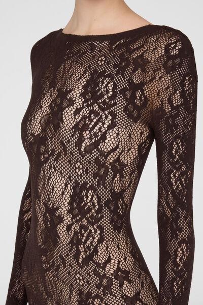 Brown Floral Fishnet Lace Jumpsuit, 5501_5498, large image number 3
