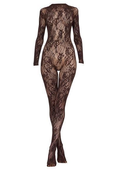 Brown Floral Fishnet Lace Jumpsuit, 5501_5498, large image number 4
