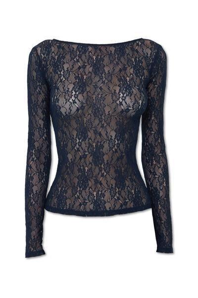 Blue Form-Fitting Silhouette Lace Top, 5501_191F, large image number 0