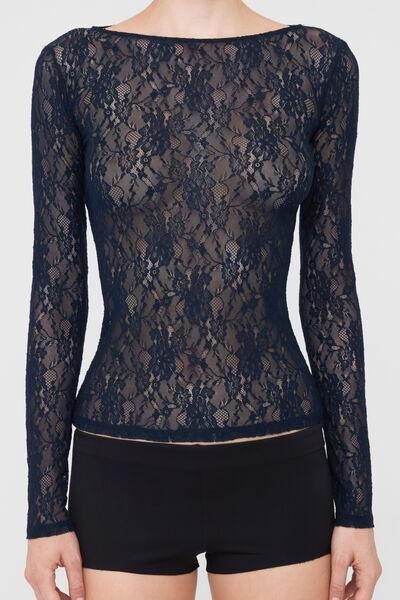 Blue Form-Fitting Silhouette Lace Top, 5501_191F, large image number 2