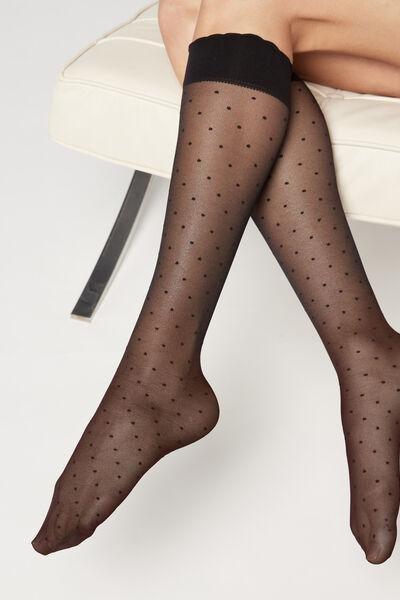 Black Patterned Knee Socks, Black Polka Dots, large image number 1