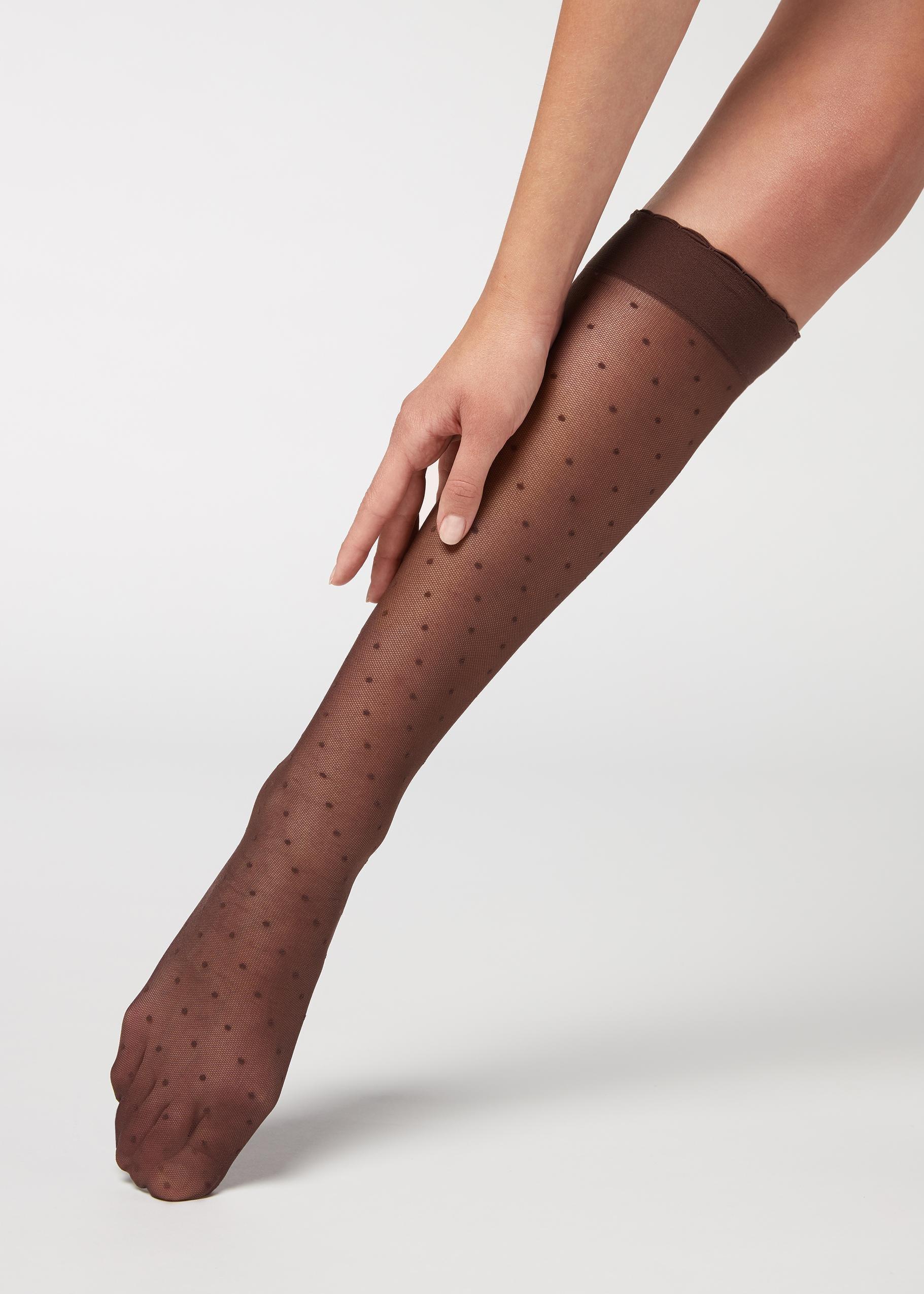 Brown Knee-High Socks, Black Dark Brown Polka Dot Pattern Gold, large image number 1