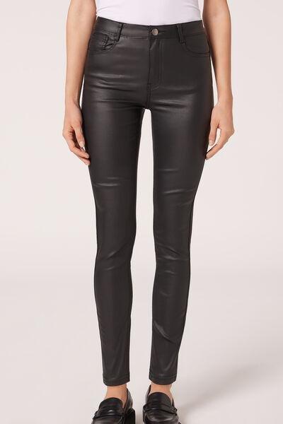 Black Leather-Look Jeans, Black, medium