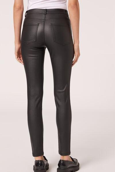 Black Leather-Look Jeans, Black, medium