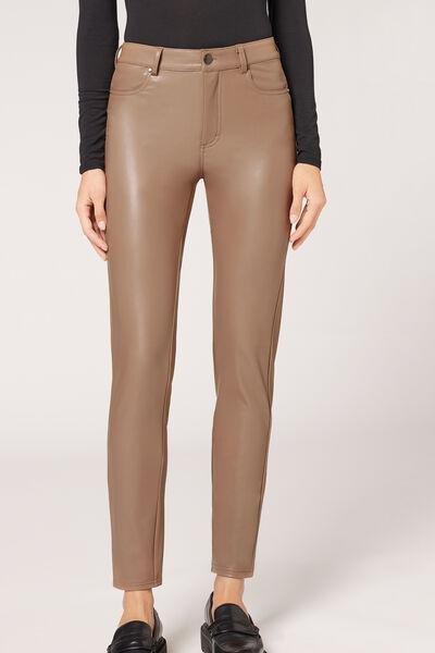Beige Thermal Leather-Look Leggings, 5501_781C, large image number 1