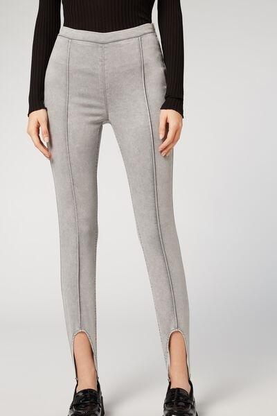 Grey Denim Stirrup Leggings, , large image number 1