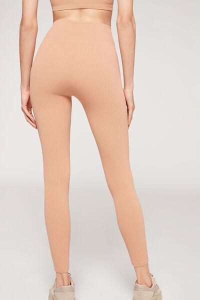 Beige Seamless Fine Ribbed Leggings