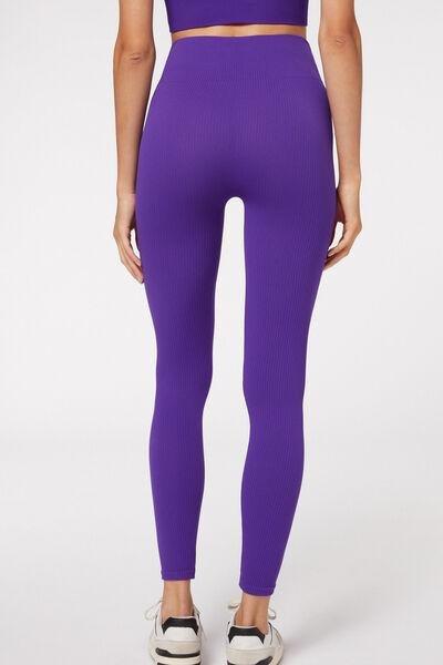 Purple Seamless Fine Ribbed Sports Leggings, , large image number 2