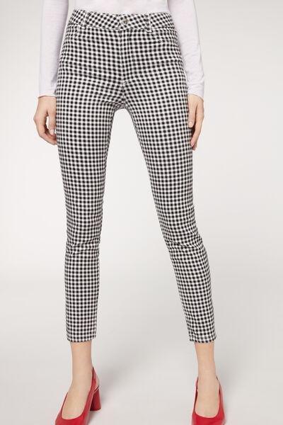 White Black Gingham Print Soft Touch Push-Up Jeans, , large image number 1
