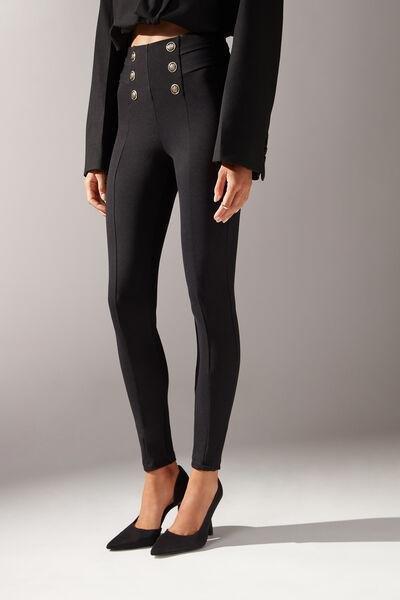 Black Buttoned Skinny Leggings, Black, large image number 0