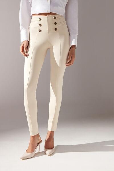 Cream Buttoned Skinny Leggings, , large image number 0