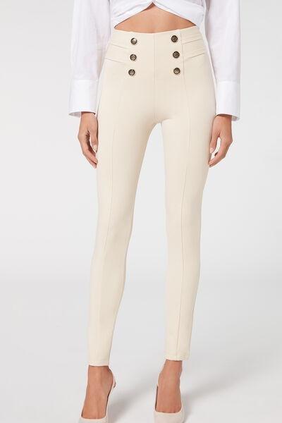Cream Buttoned Skinny Leggings, , large image number 1