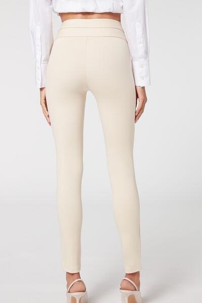Cream Buttoned Skinny Leggings, , large image number 2