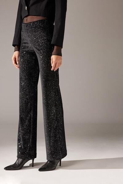 Black Glitter Velvet Palazzo Leggings, , large image number 0