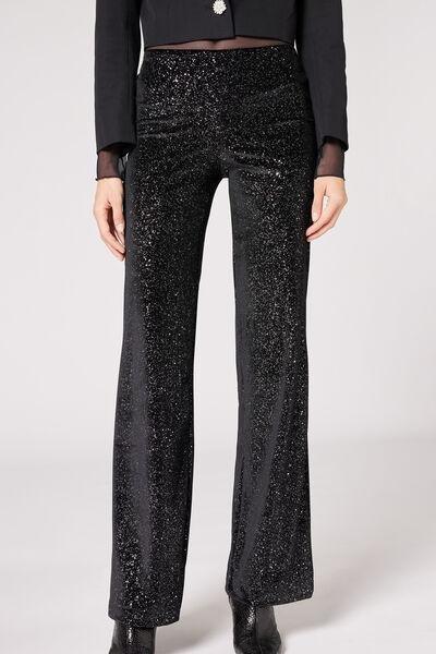 Black Glitter Velvet Palazzo Leggings, , large image number 1
