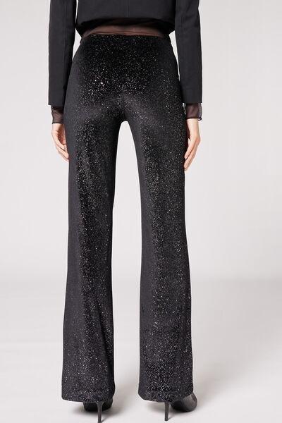 Black Glitter Velvet Palazzo Leggings, , large image number 2