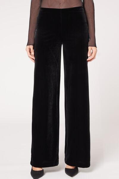 Black Smooth Velvet Palazzo Leggings, , large image number 1