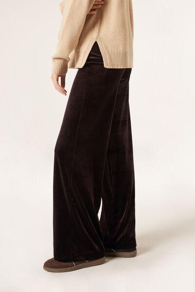Brown Velvet Wide Leg Palazzo Pants, 5501_117F, large image number 0
