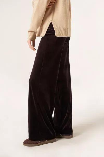 Brown Velvet Wide Leg Palazzo Pants, 5501_117F, large image number 1